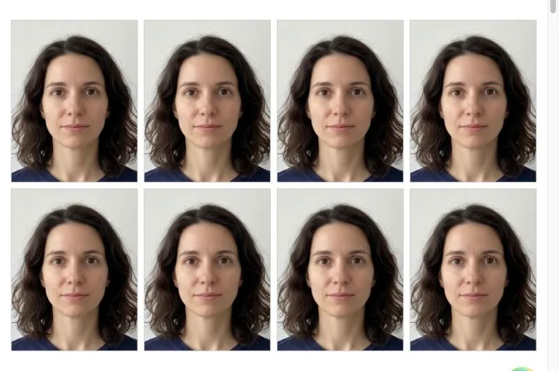 Eight 35 × 45 mm passport photos on a 4 × 6 inch sheet